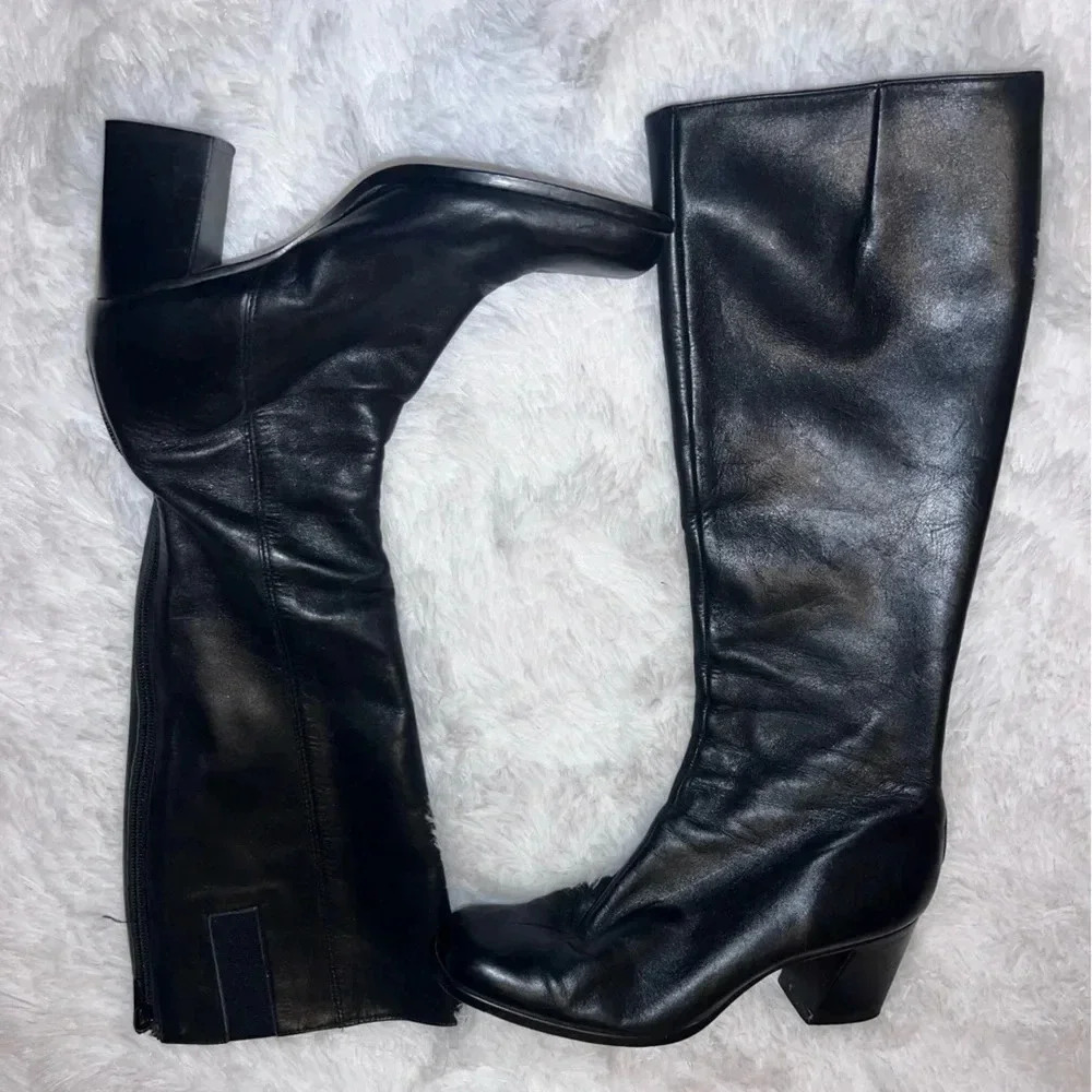 Black Leather Heeled Below Knee High Boots made in Brazil size 6 1/2